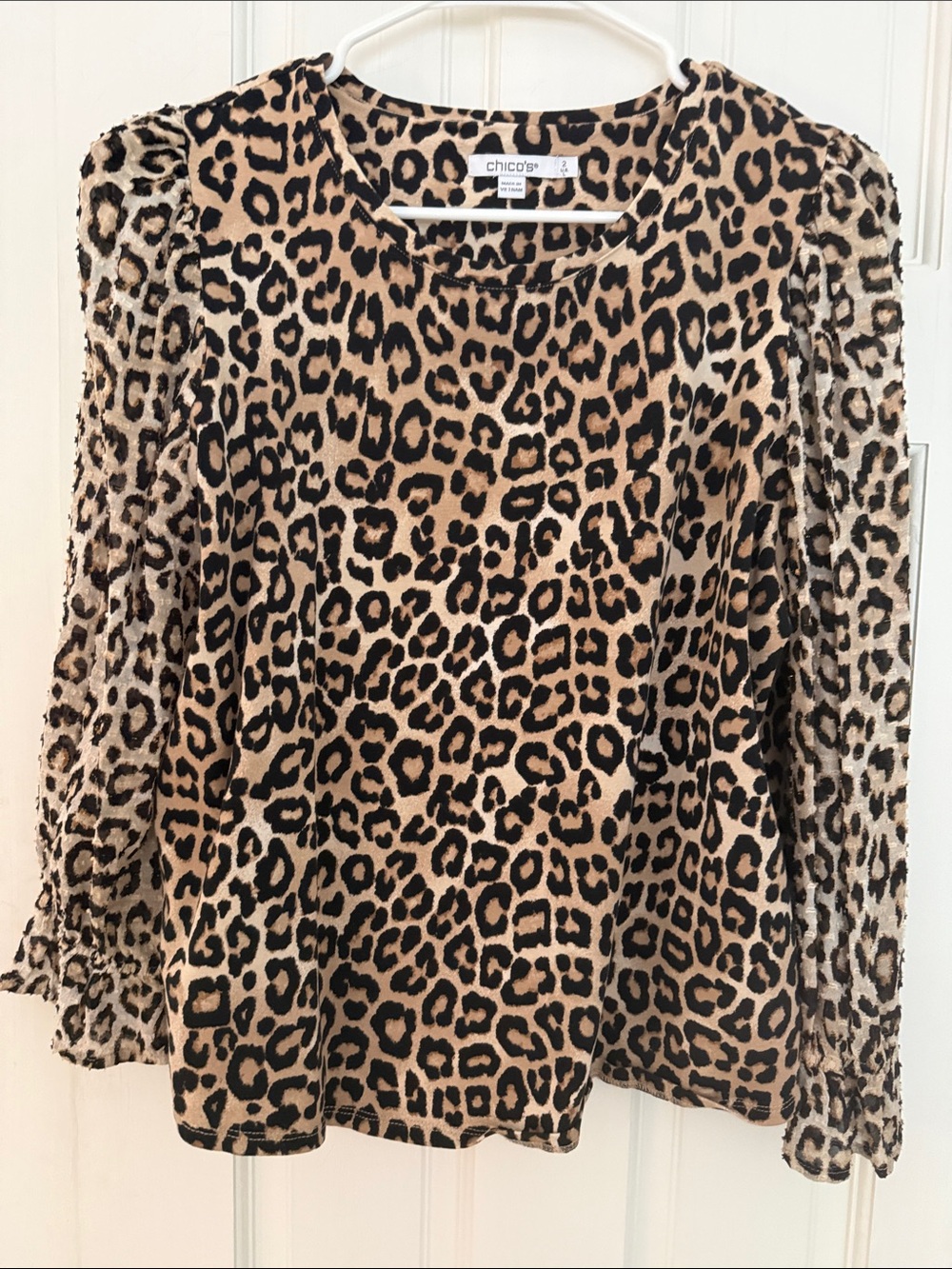 Chico's Leopard Puff Sleeve Long Sleeve Top - Tan & Black